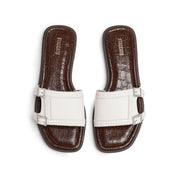 Beige Crystal Buckle Leather Slides