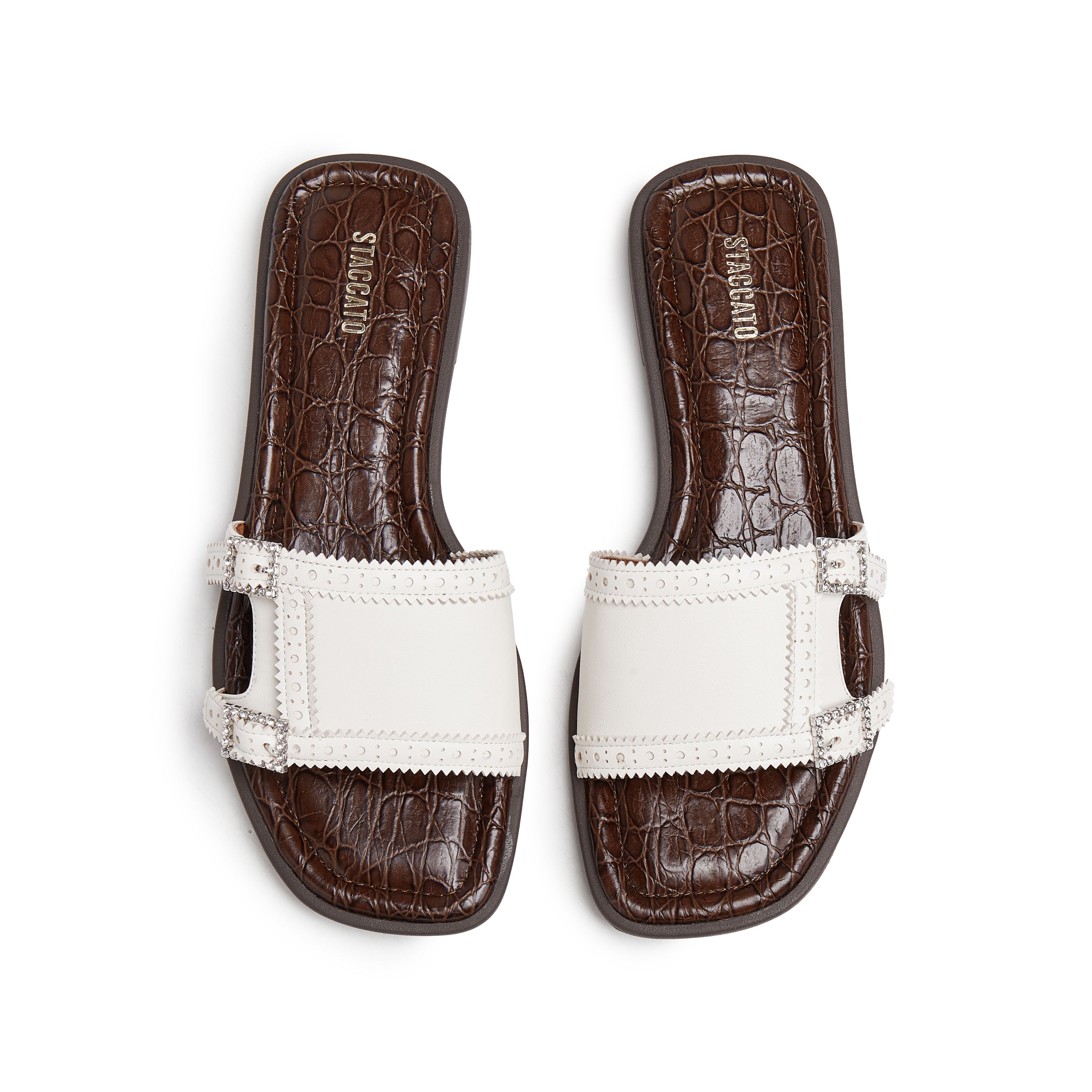 Beige Crystal Buckle Leather Slides