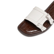 Beige Crystal Buckle Leather Slides