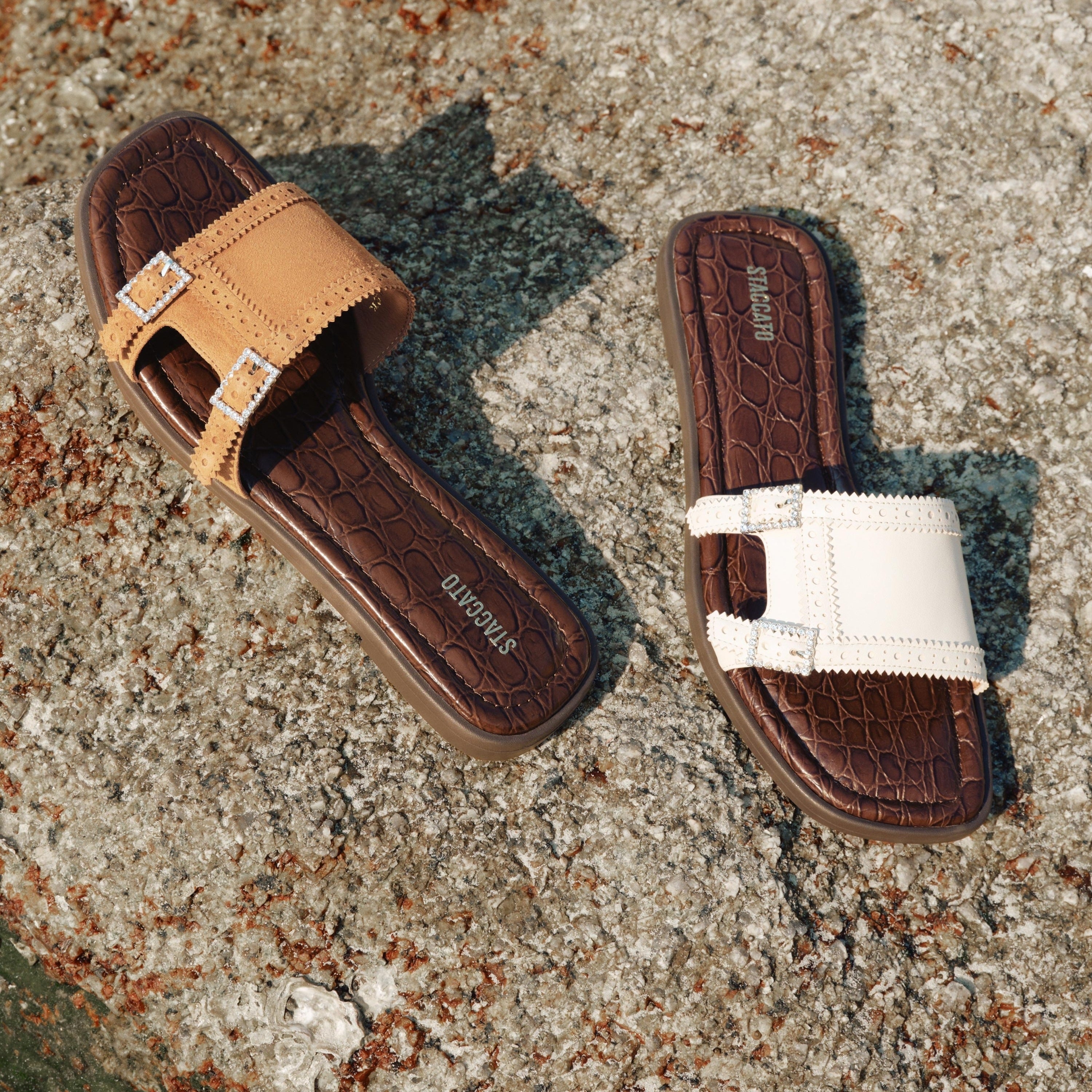 Beige Crystal Buckle Leather Slides