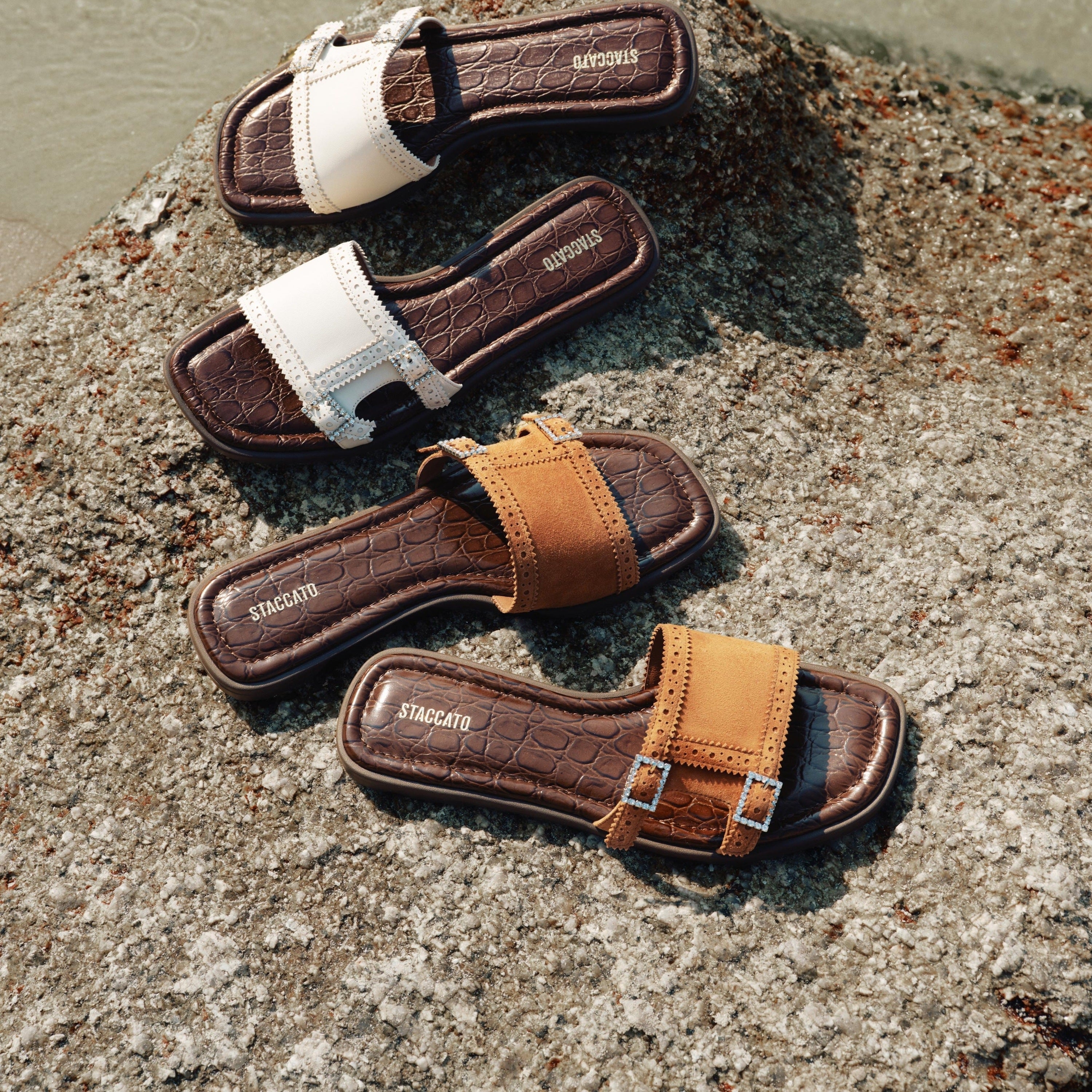 Beige Crystal Buckle Leather Slides