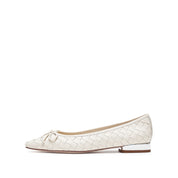 Beige Bow Woven Leather Flats