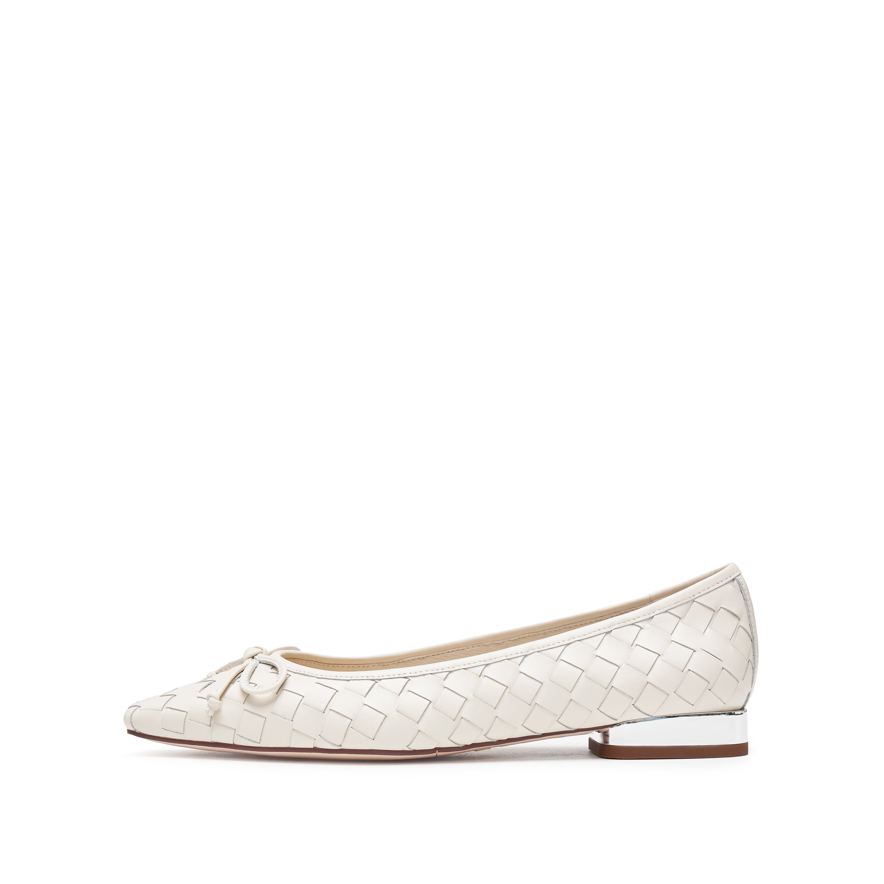Beige Bow Woven Leather Flats