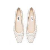 Beige Bow Woven Leather Flats