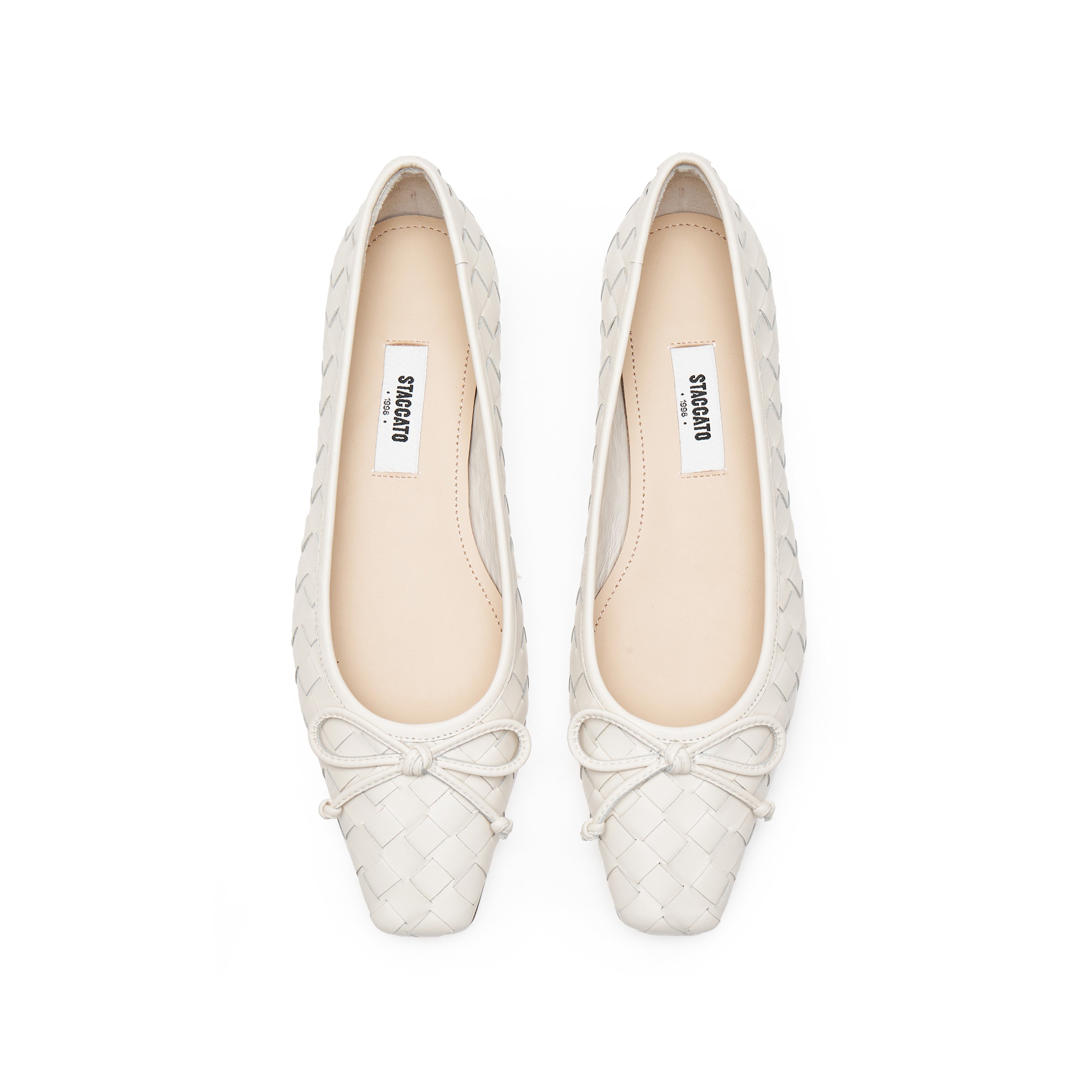 Beige Bow Woven Leather Flats