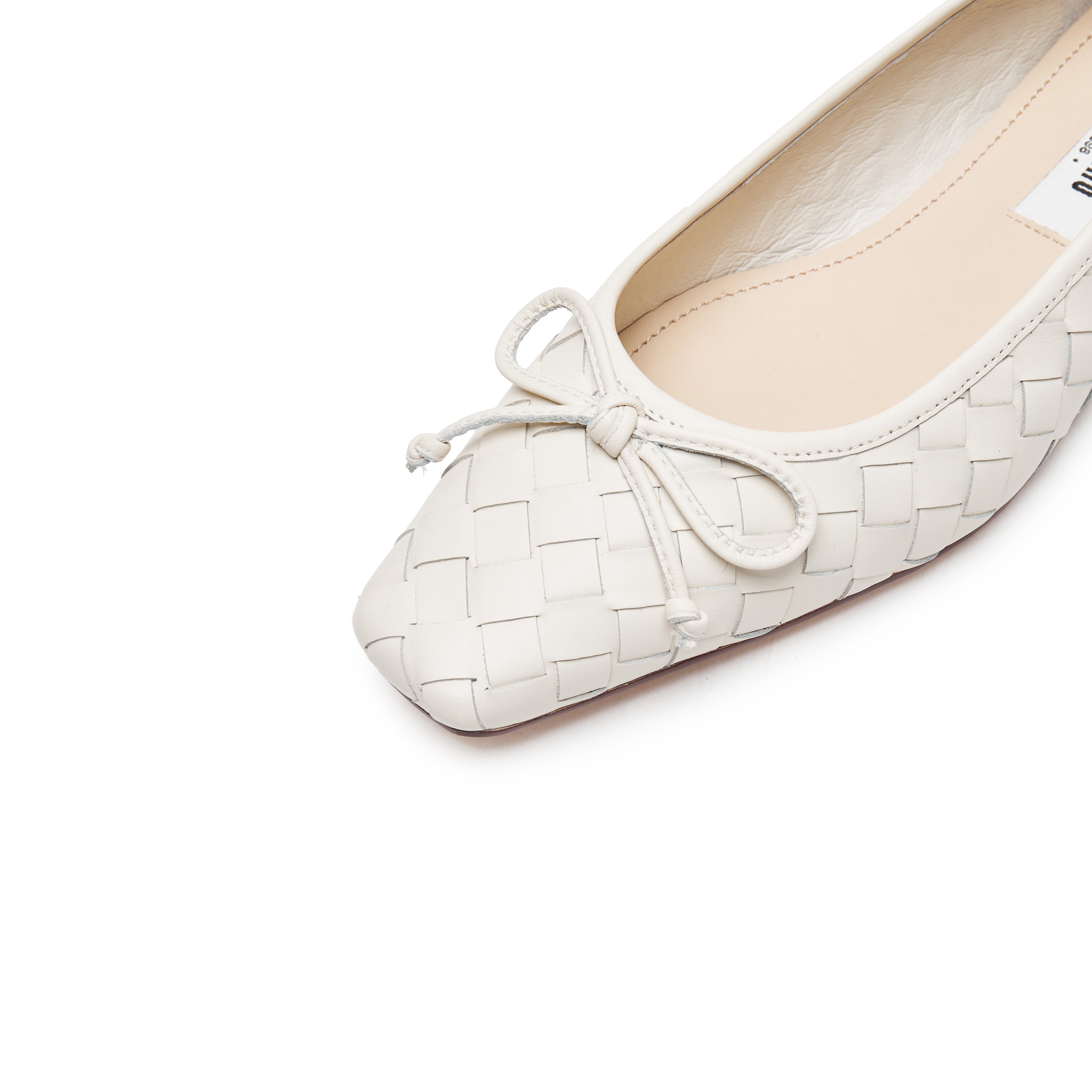 Beige Bow Woven Leather Flats