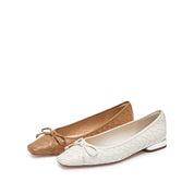 Beige Bow Woven Leather Flats