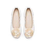 White Flower Leather Ballerina Flats