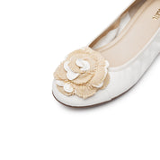 White Flower Leather Ballerina Flats