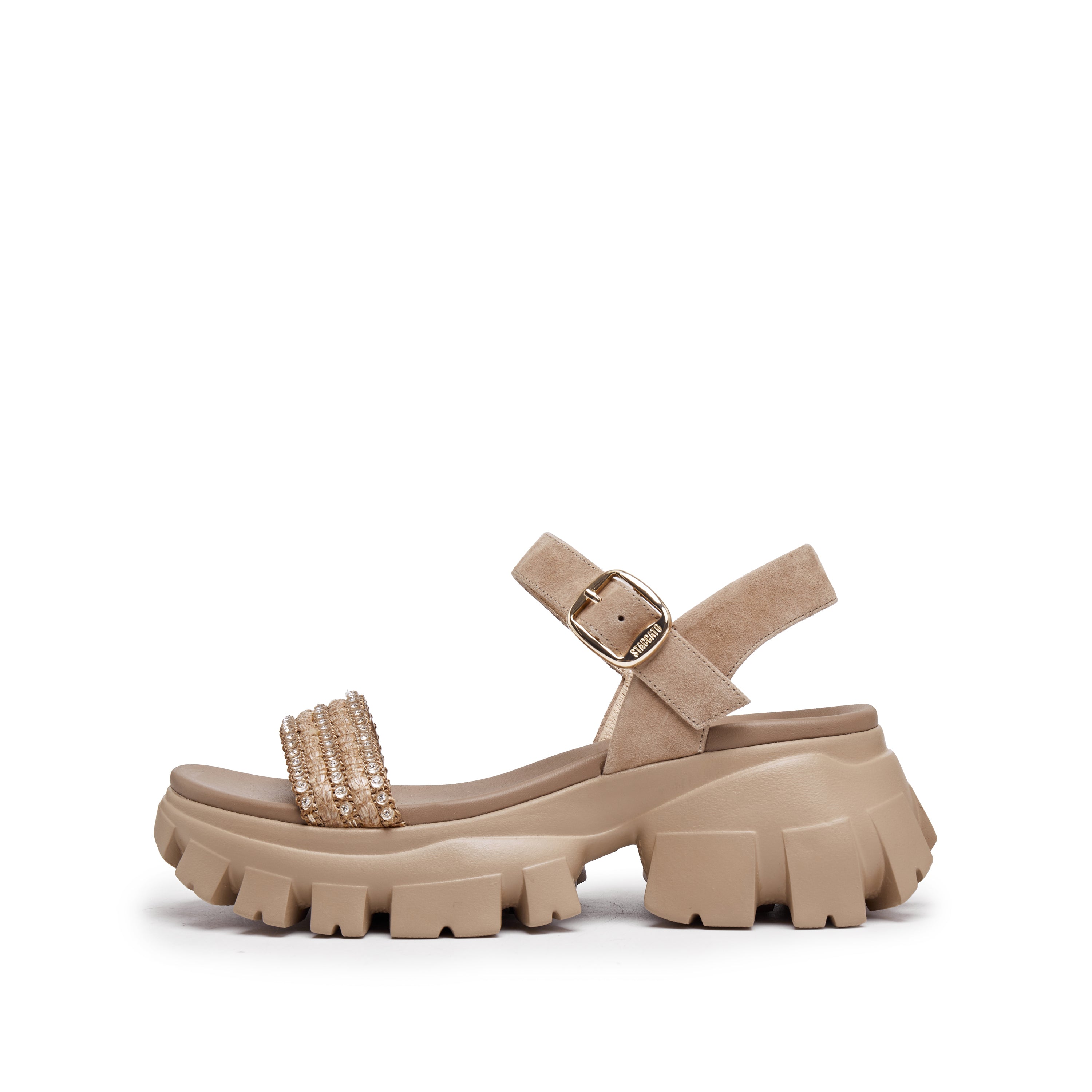 Taupe Suede Crystal Straw Strap Sandals