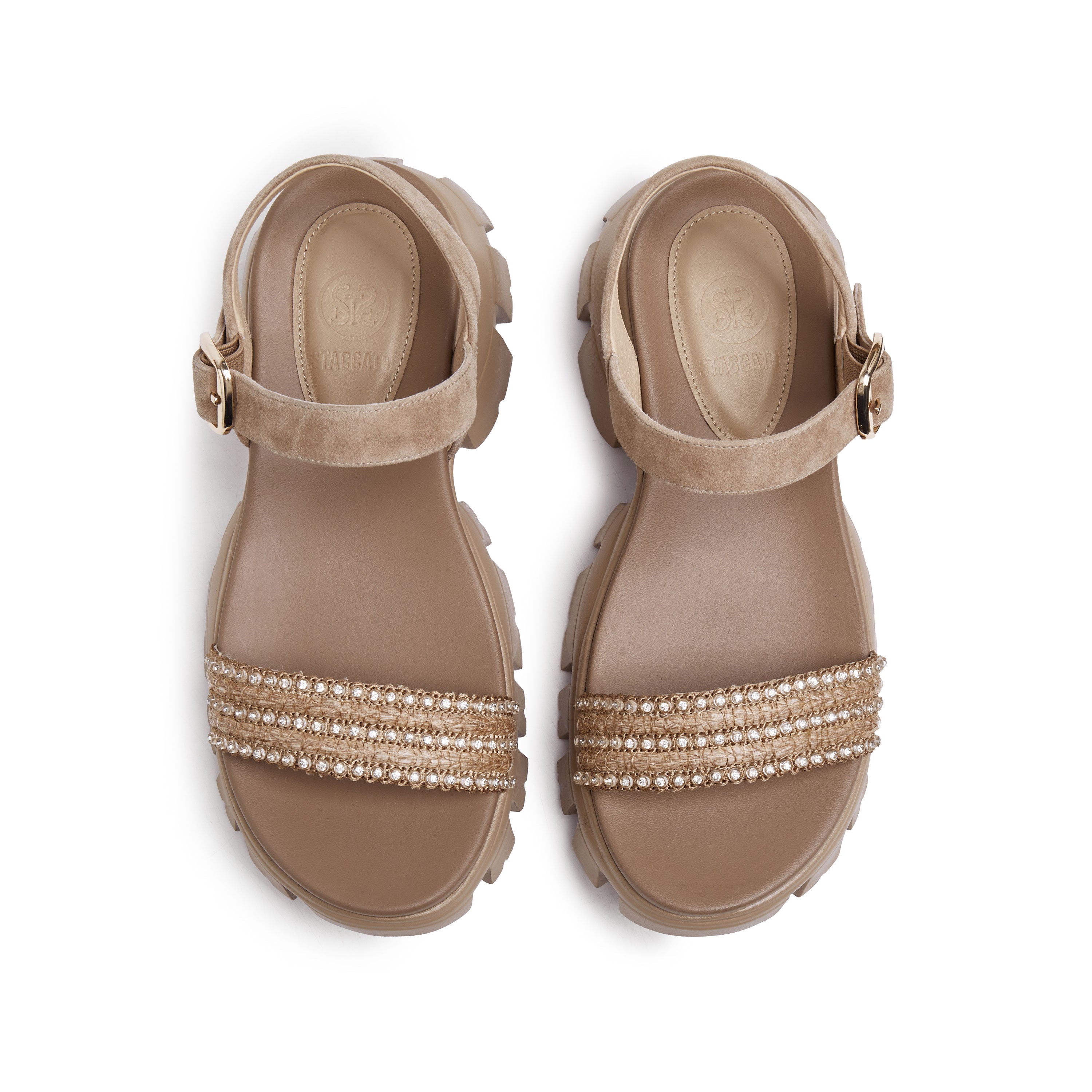 Taupe Suede Crystal Straw Strap Sandals
