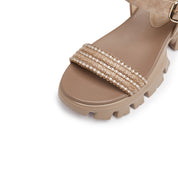 Taupe Suede Crystal Straw Strap Sandals