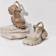 Taupe Suede Crystal Straw Strap Sandals