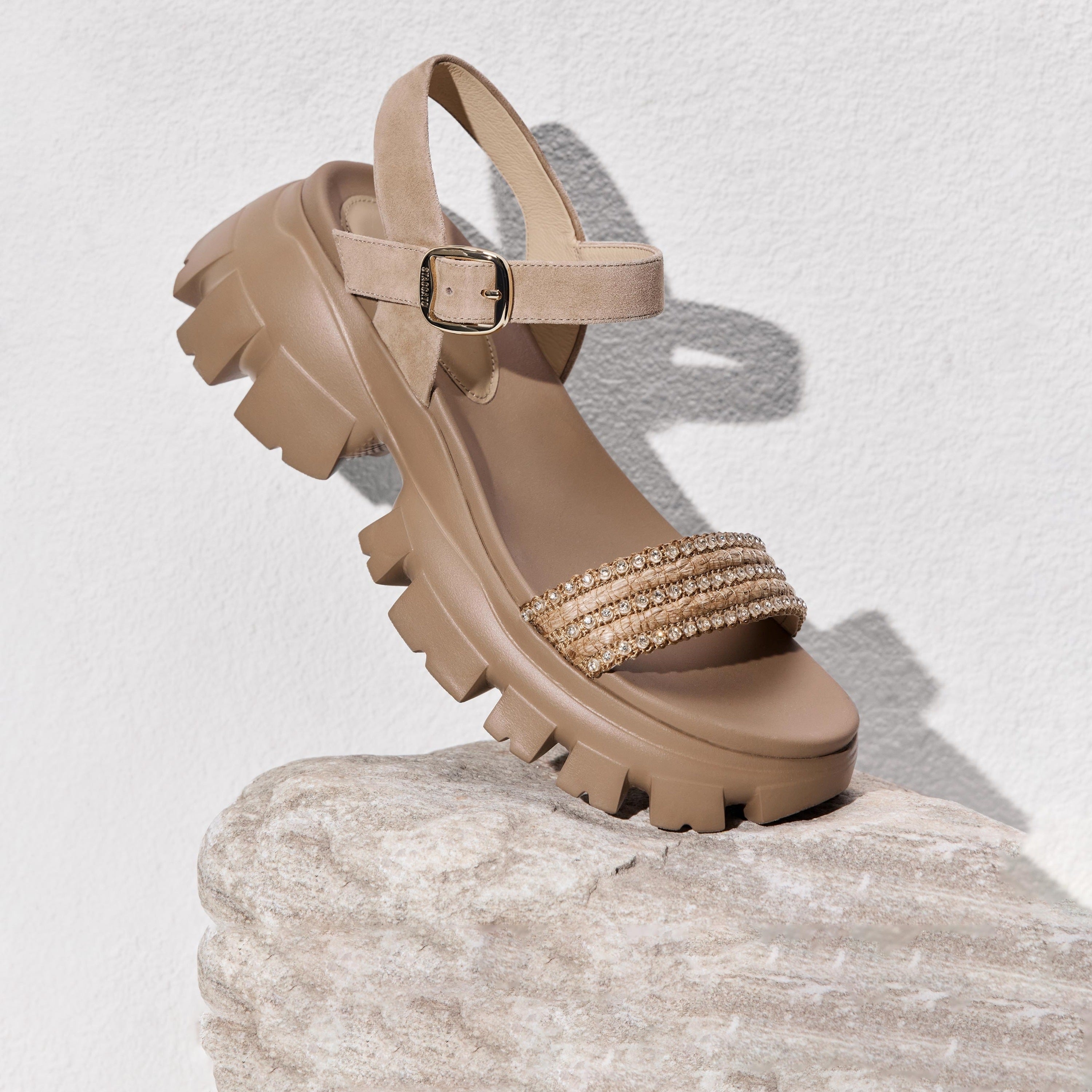 Taupe Suede Crystal Straw Strap Sandals