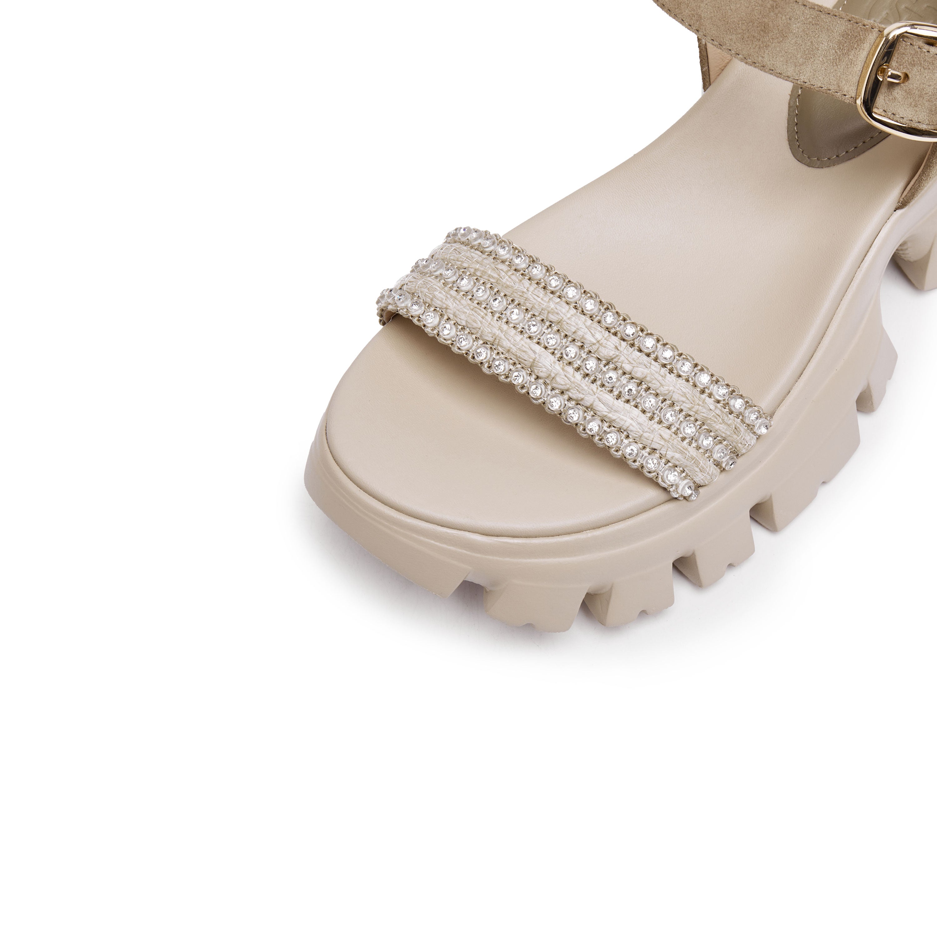 Sand Suede Crystal Straw Strap Sandals
