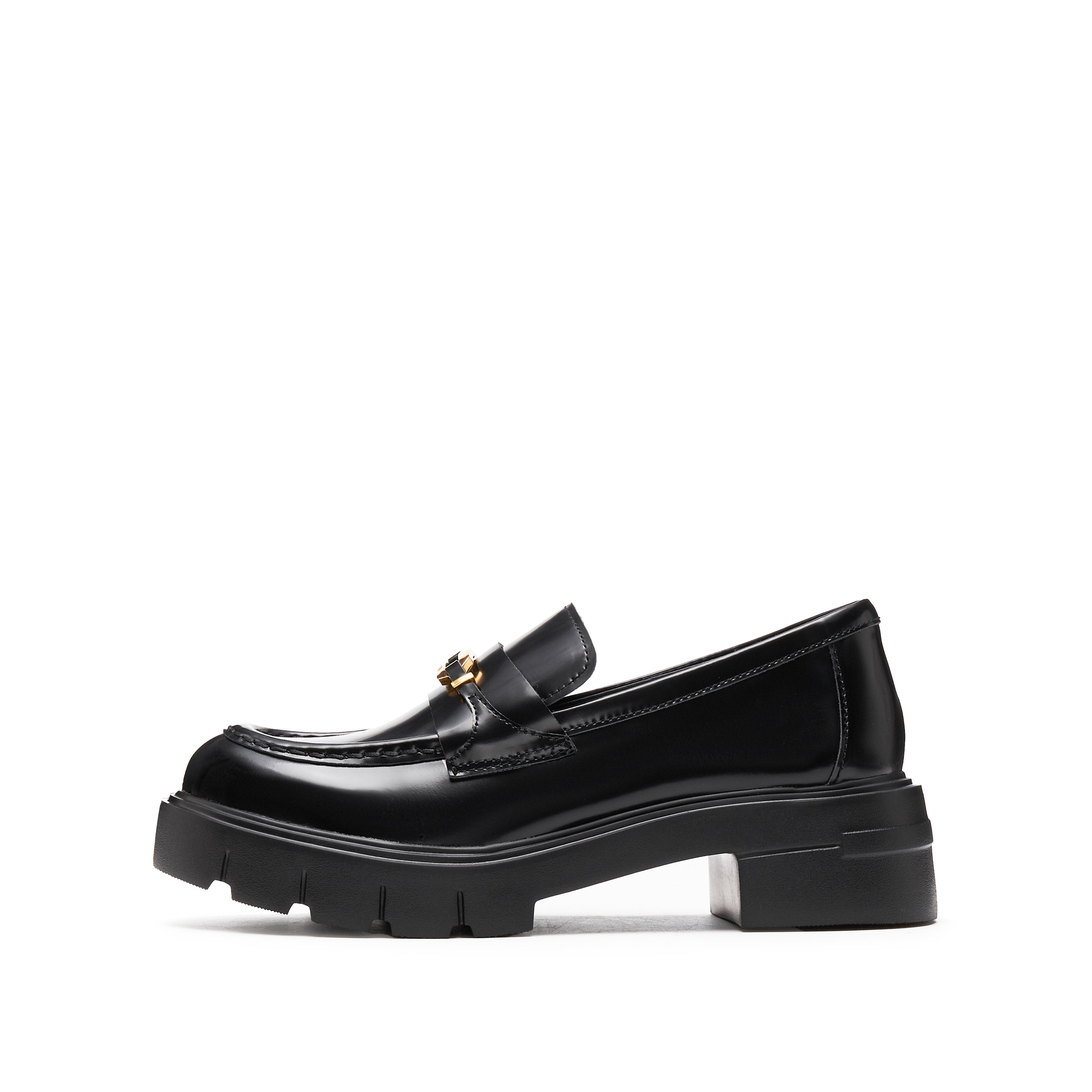 Black Signature Golden Ring Leaf Leather Loafers