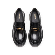 Black Signature Golden Ring Leaf Leather Loafers