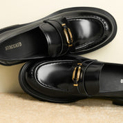 Black Signature Golden Ring Leaf Leather Loafers