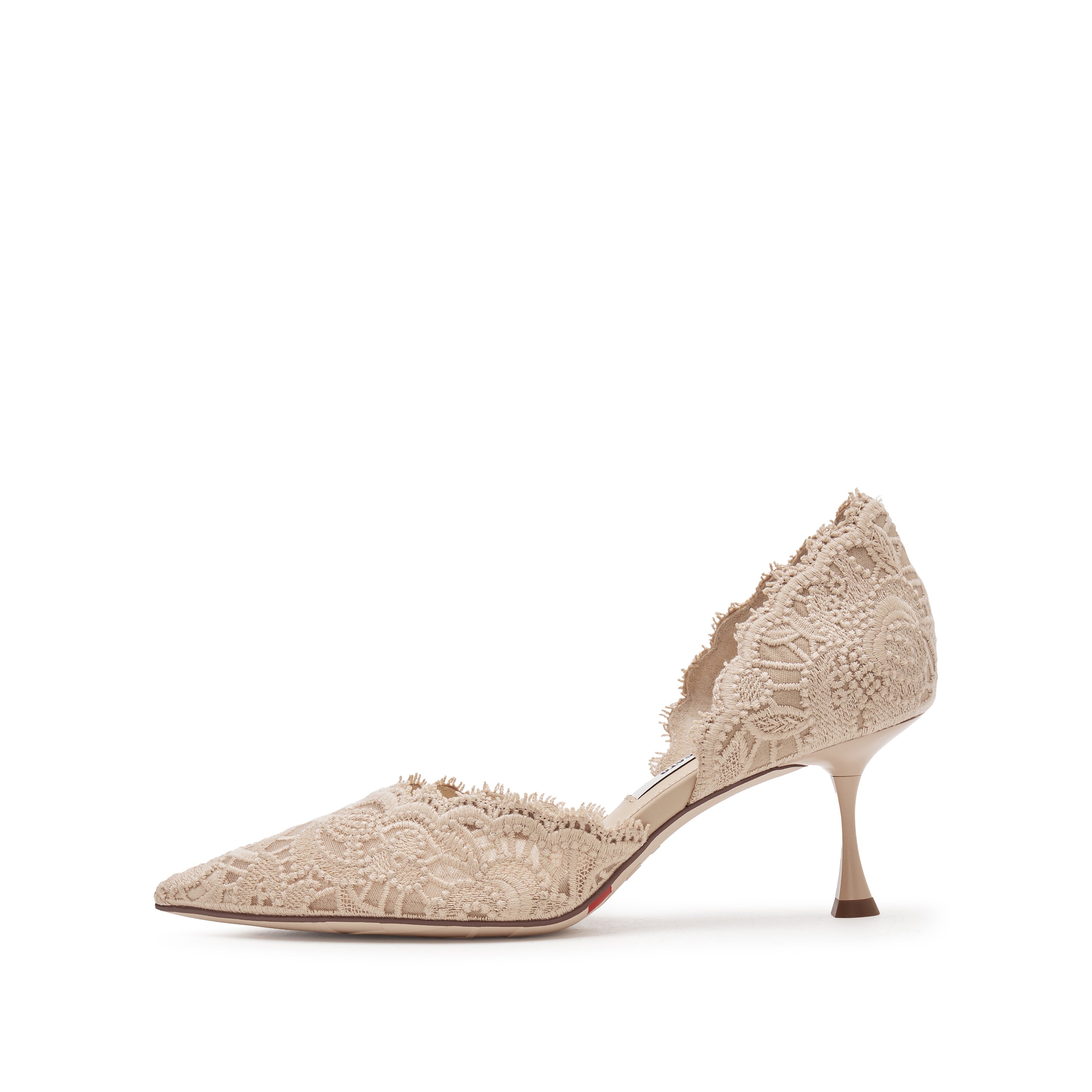 Taupe Lace Pointed Heeled Pumps