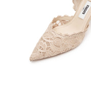 Taupe Lace Pointed Heeled Pumps