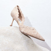 Taupe Lace Pointed Heeled Pumps