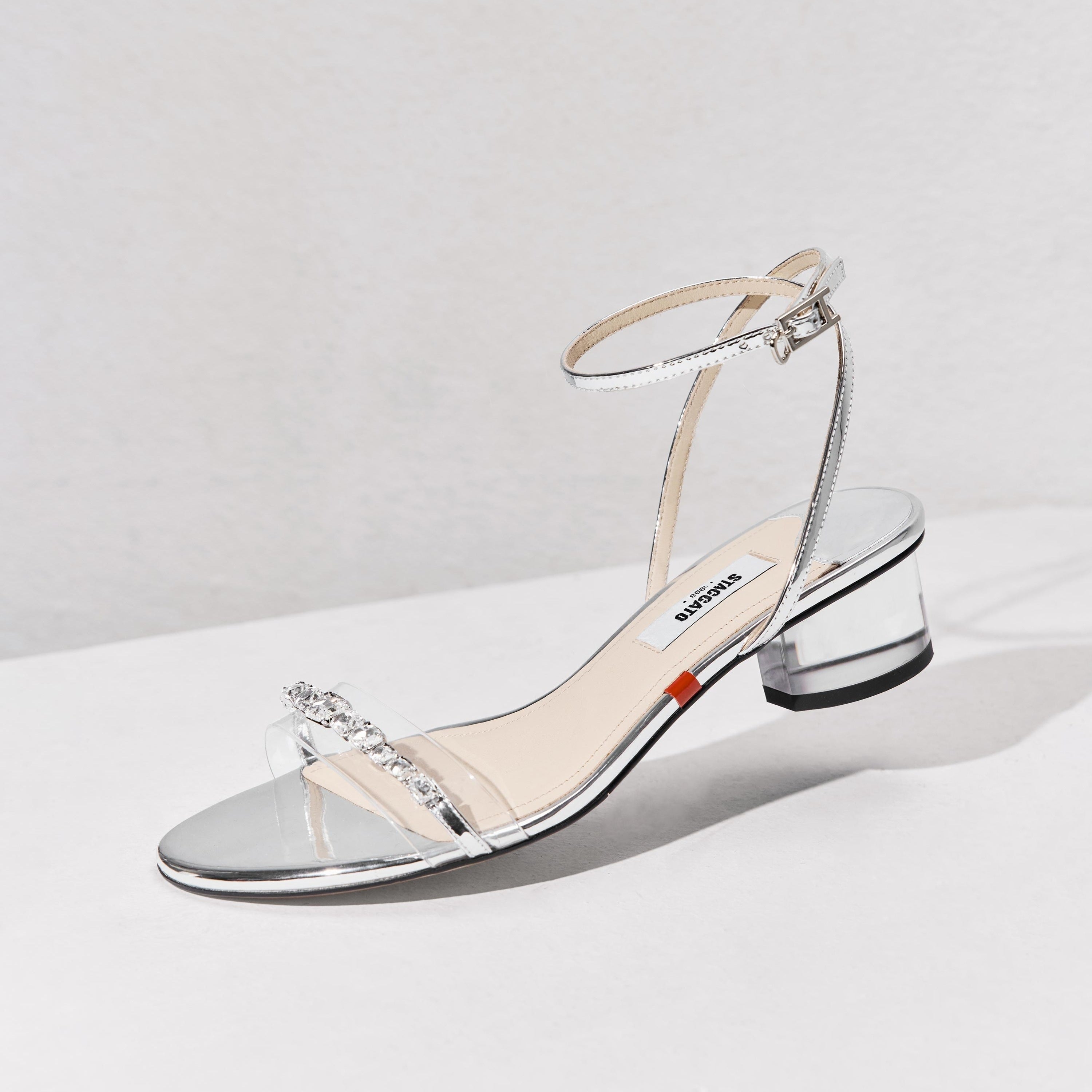 Silver Crystal Heel Ankle-Strap Sandals