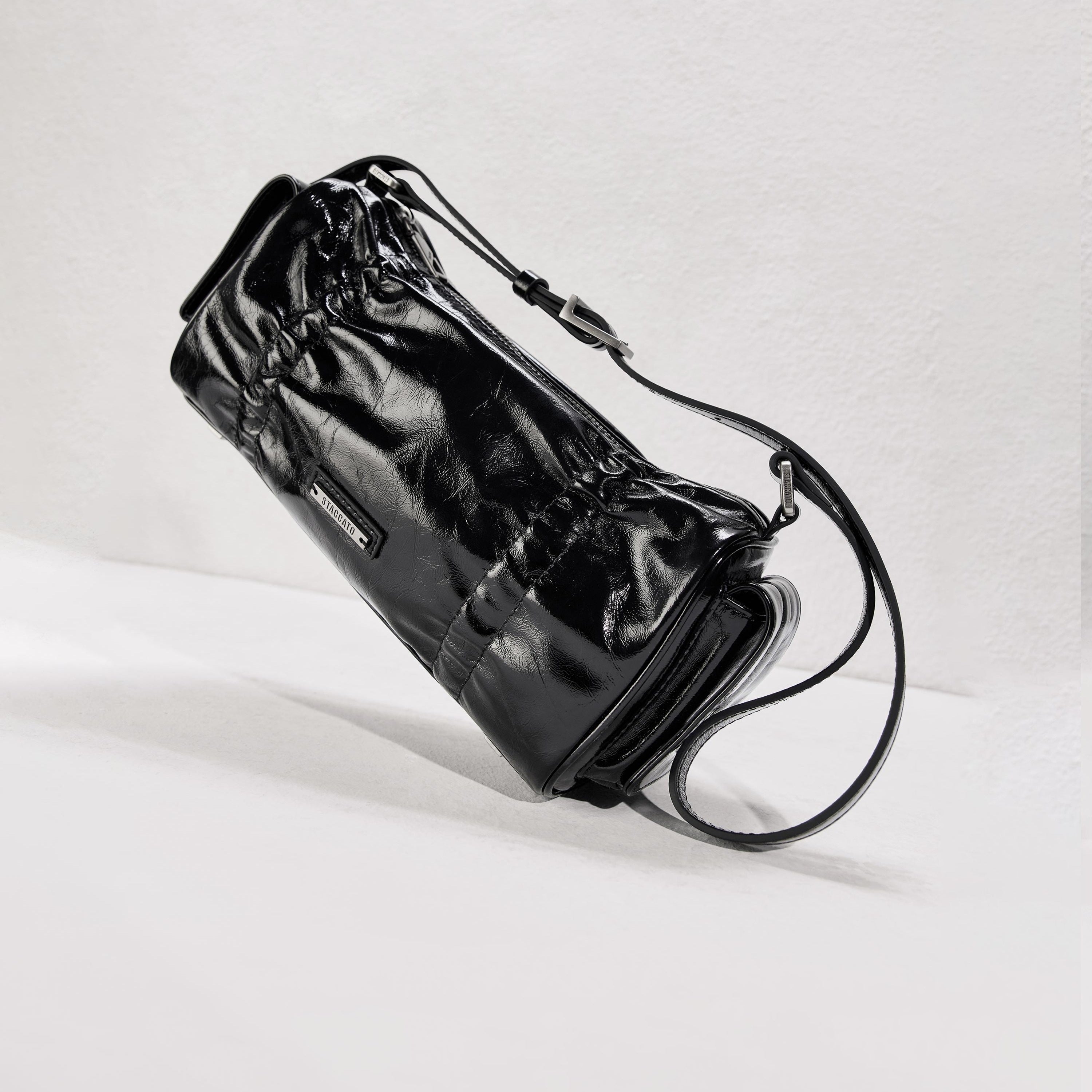 Black Waxy Leather Cylinder Shoulder Bag