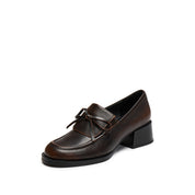 Dark Brown Brushed Bow Classic Heeled Loafers