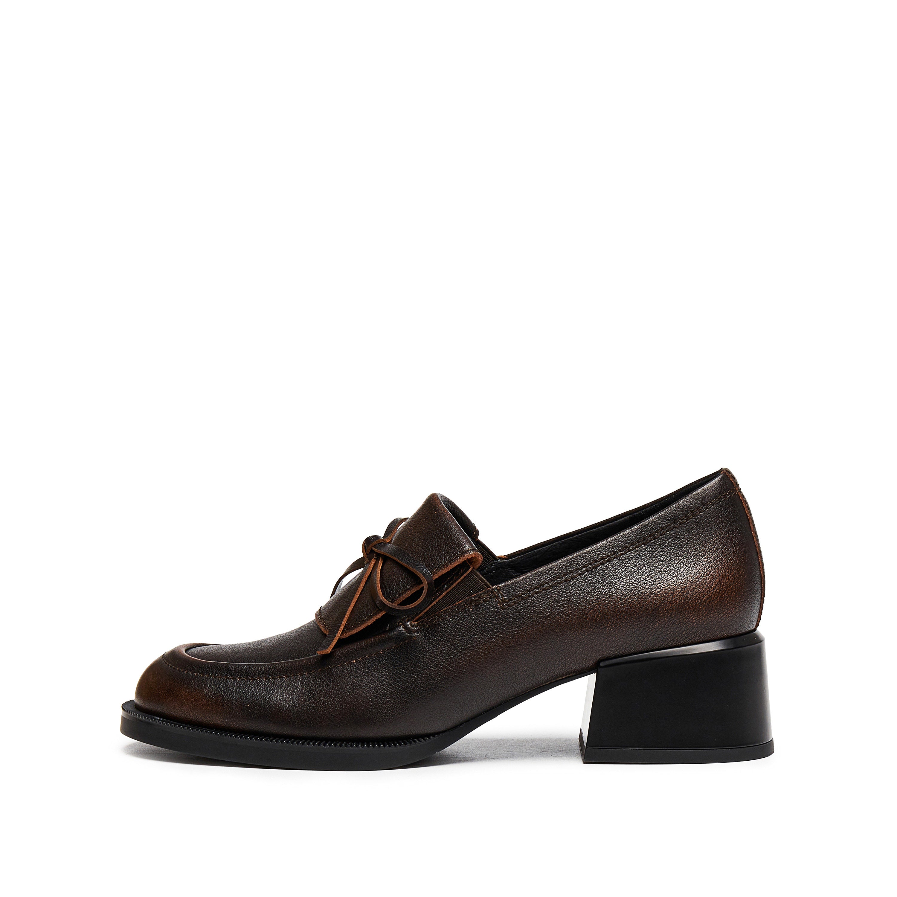Dark Brown Brushed Bow Classic Heeled Loafers