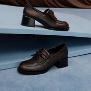 Dark Brown Brushed Bow Classic Heeled Loafers