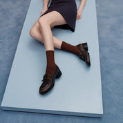 Dark Brown Brushed Bow Classic Heeled Loafers