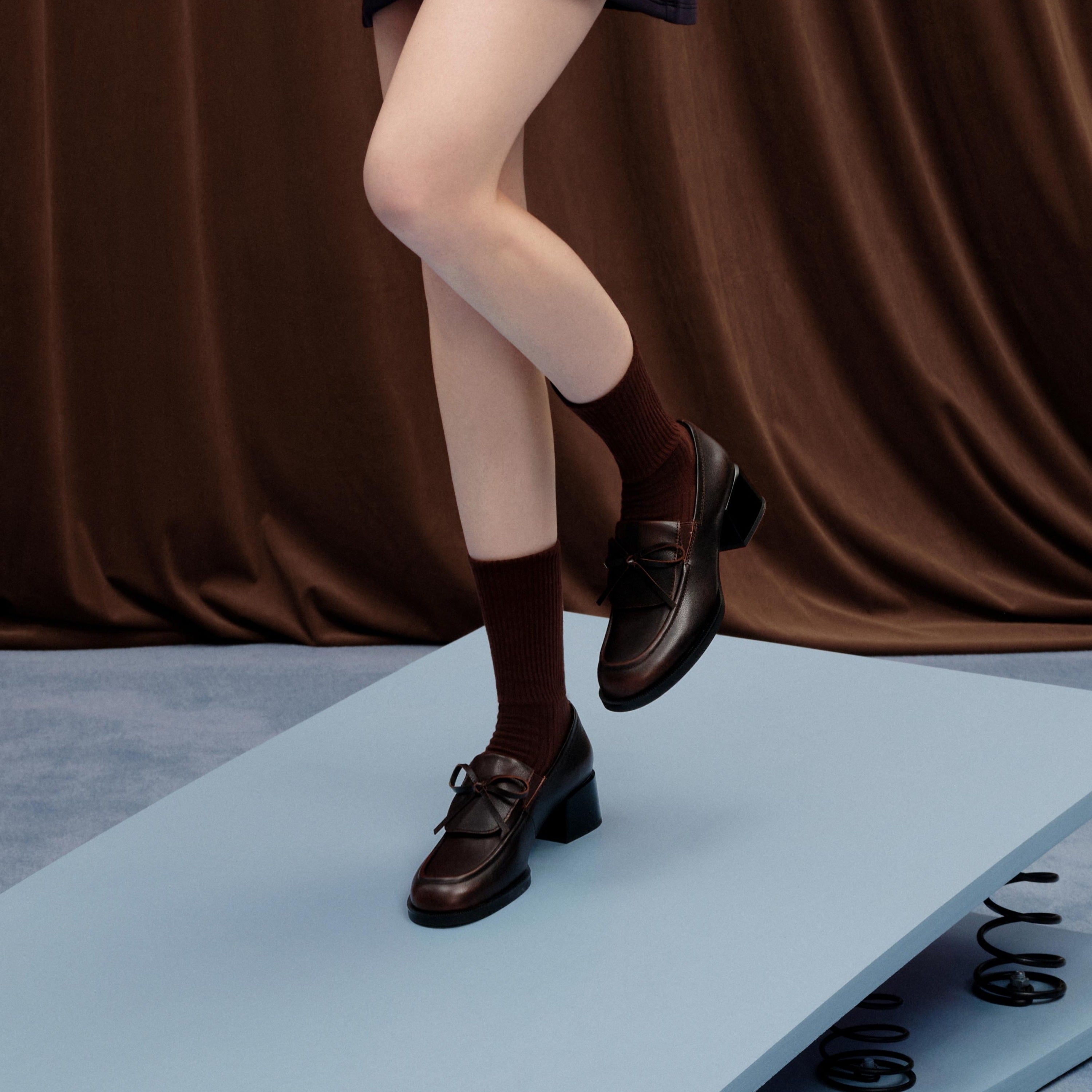 Dark Brown Brushed Bow Classic Heeled Loafers