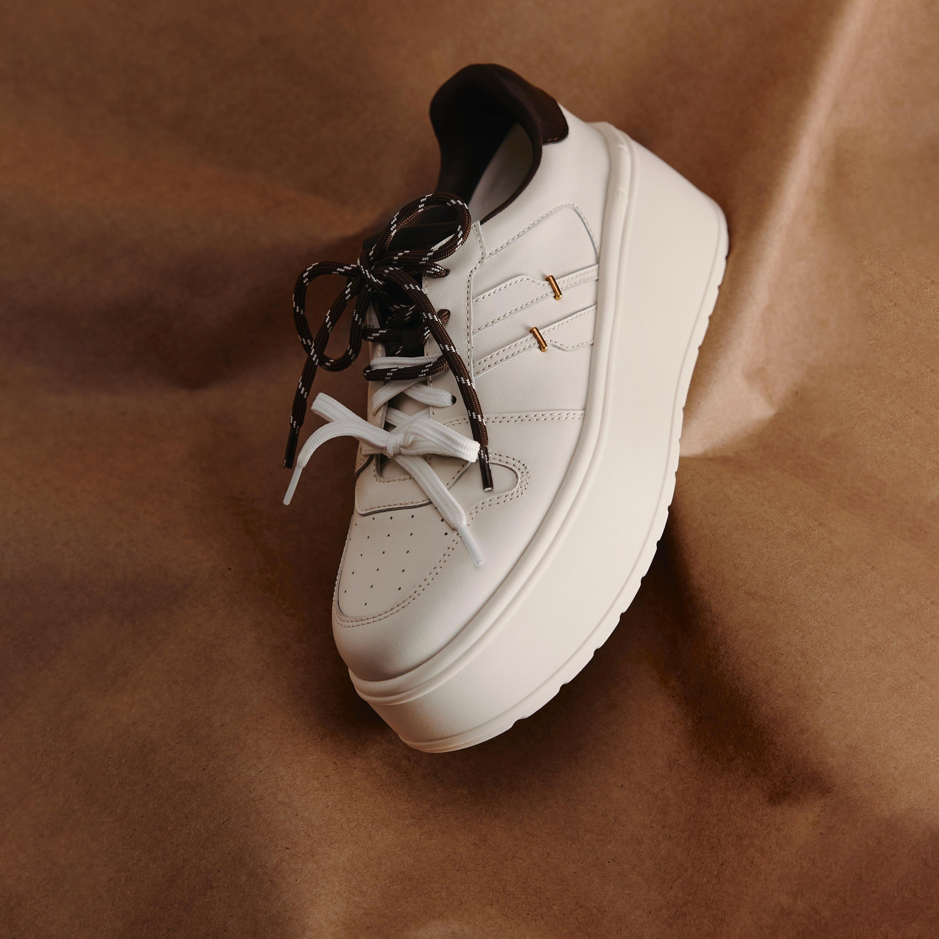 Beige Double Lace Up Flatform Sneakers