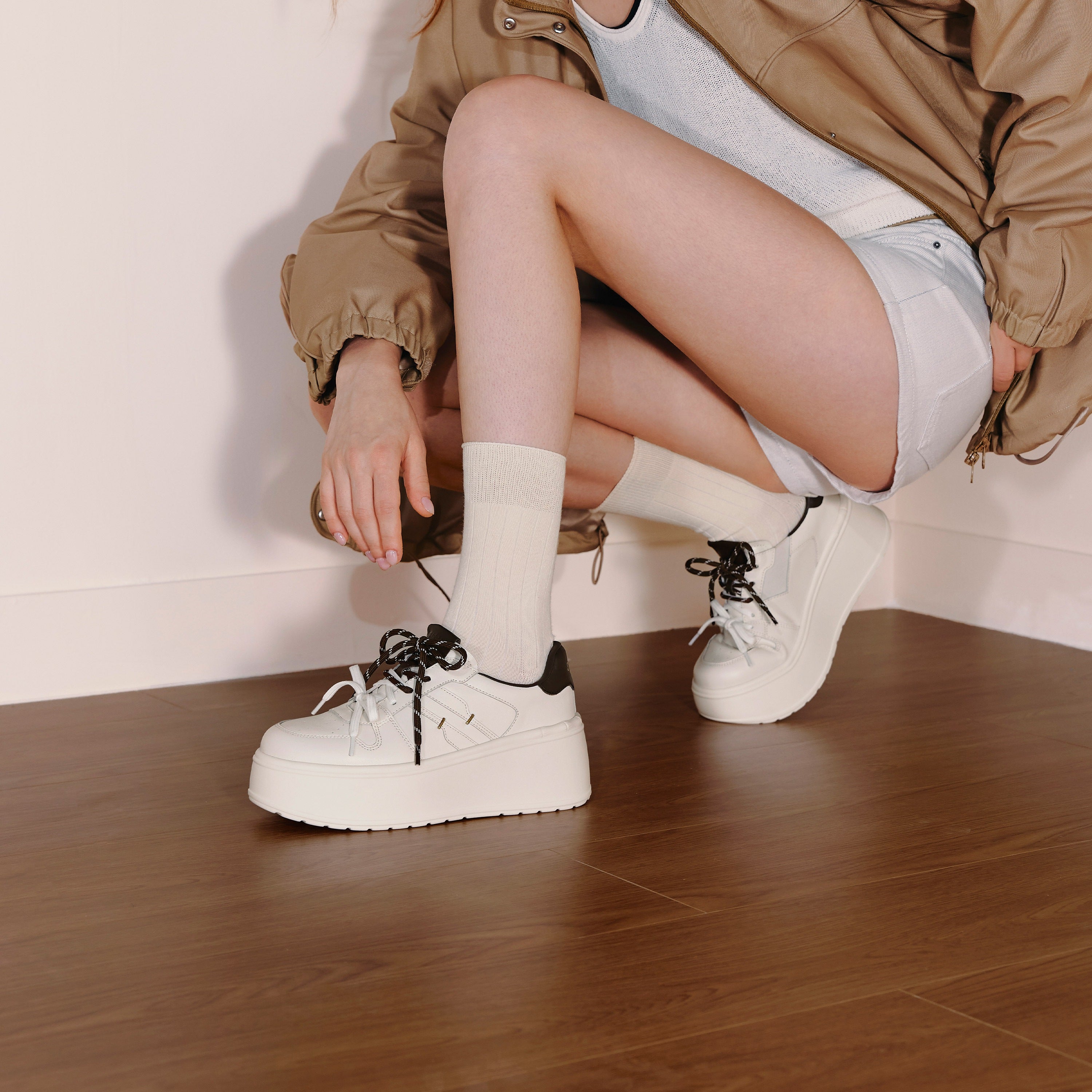 Beige Double Lace Up Flatform Sneakers