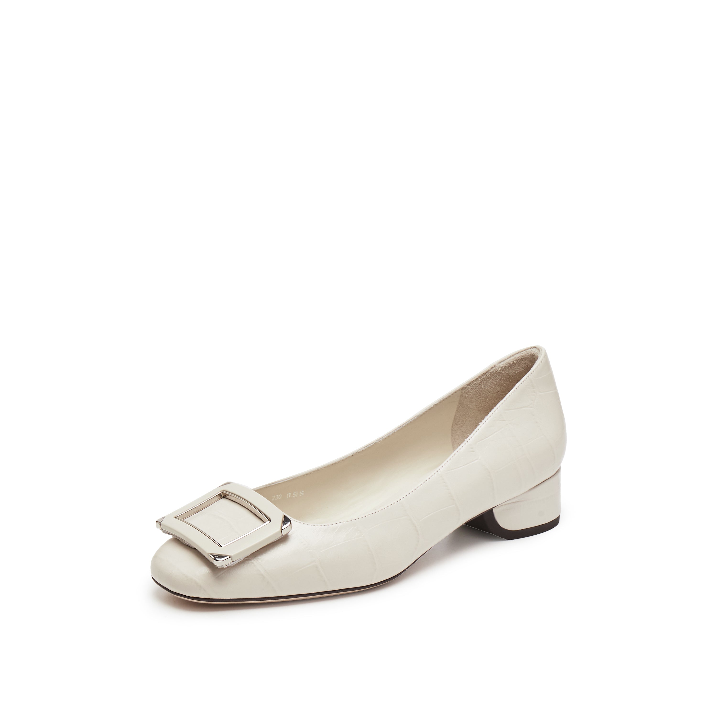 Beige Square Buckle Embossed Pumps