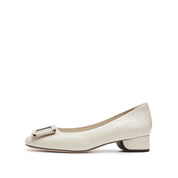 Beige Square Buckle Embossed Pumps