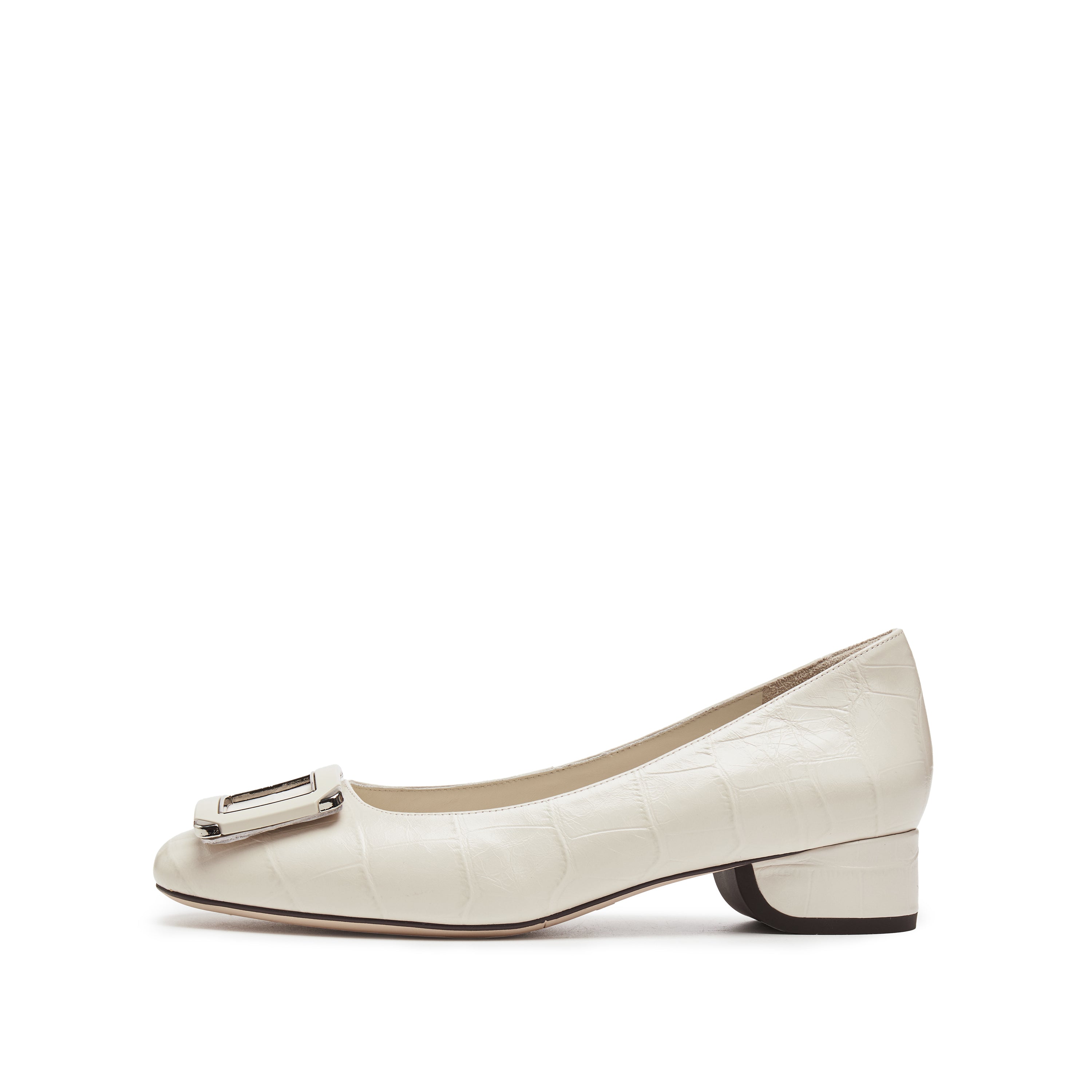 Beige Square Buckle Embossed Pumps