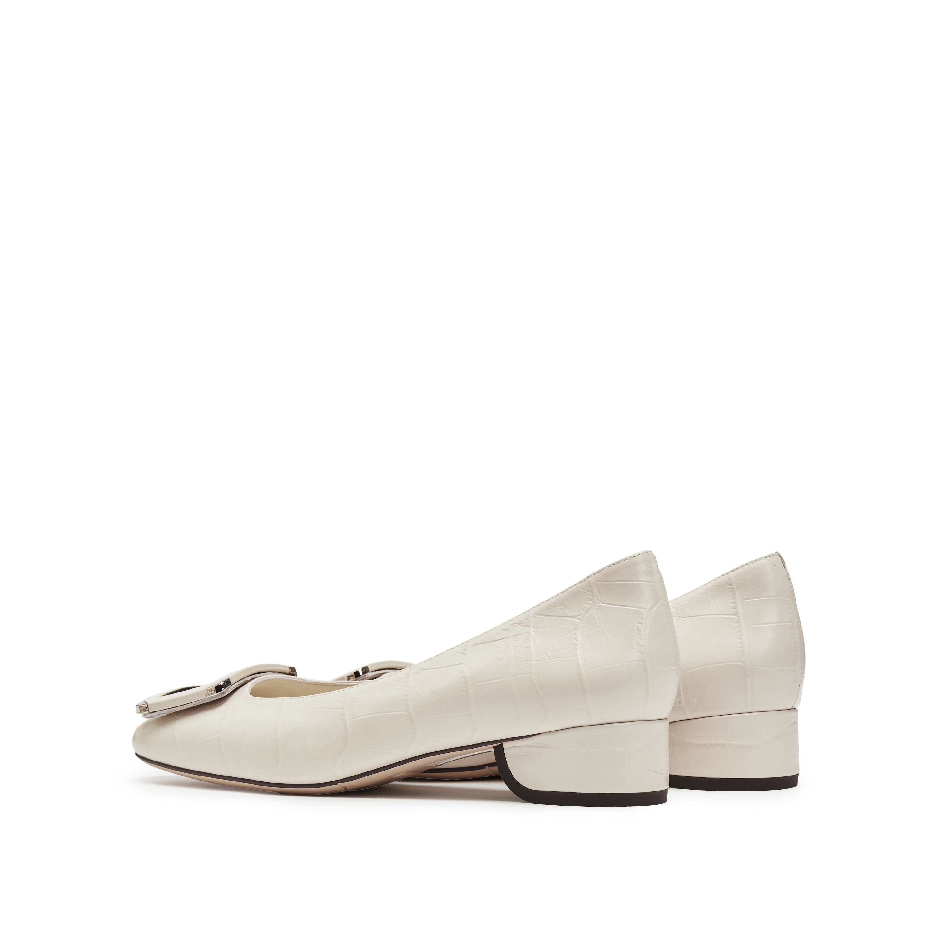 Beige Square Buckle Embossed Pumps