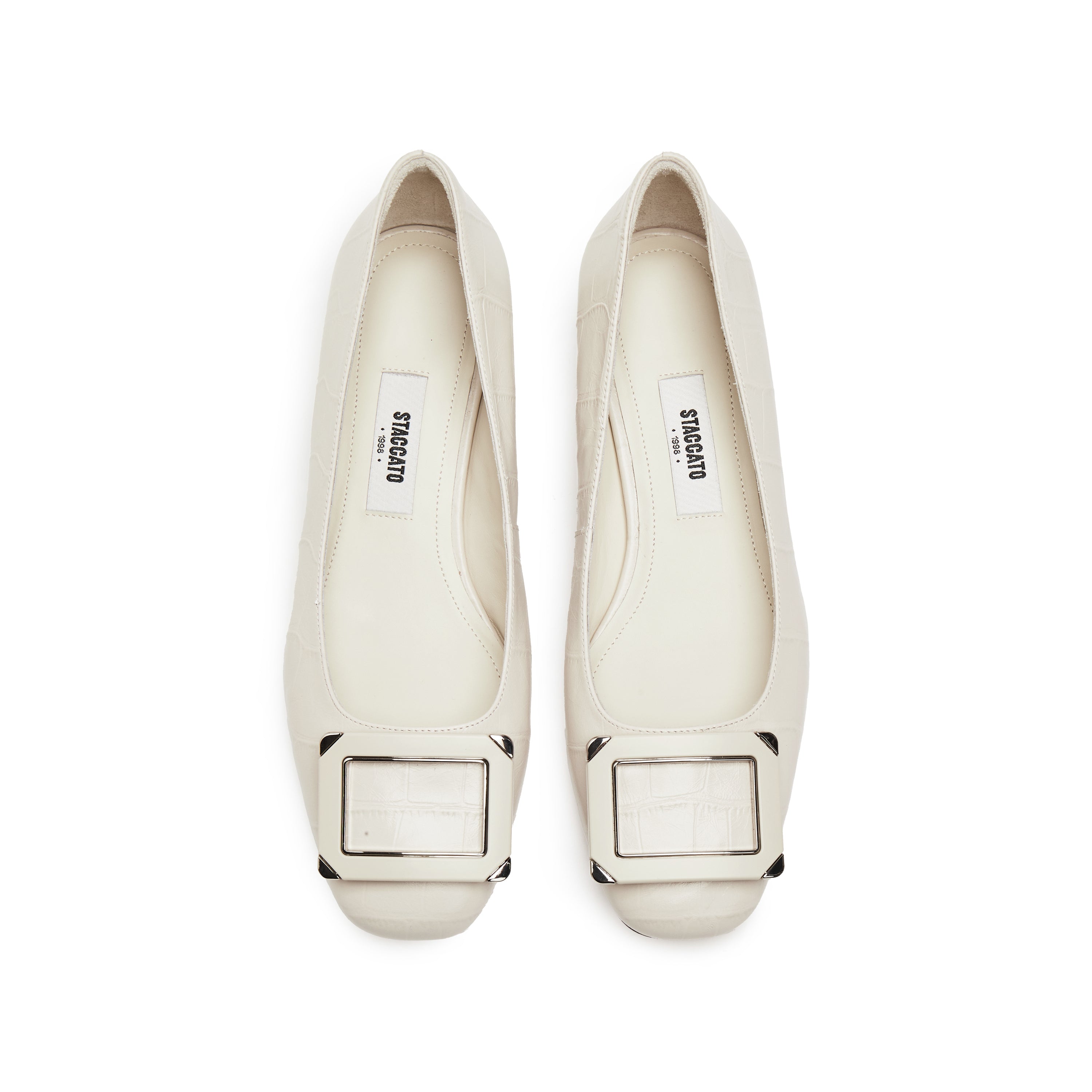 Beige Square Buckle Embossed Pumps