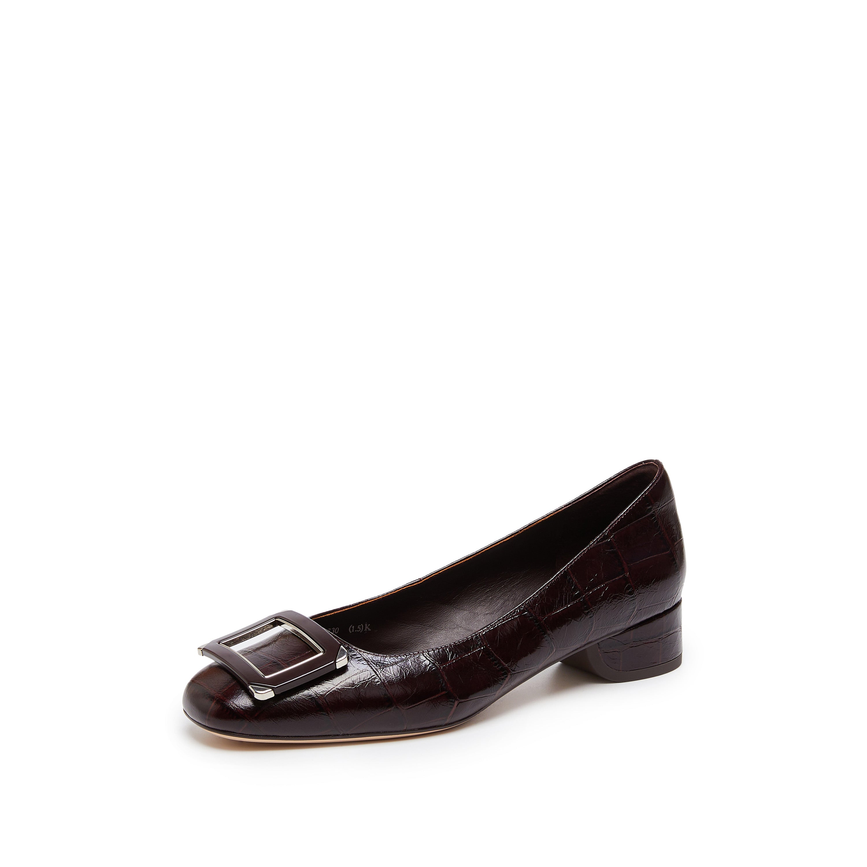 Burgundy Square Buckle Embossed Pumps
