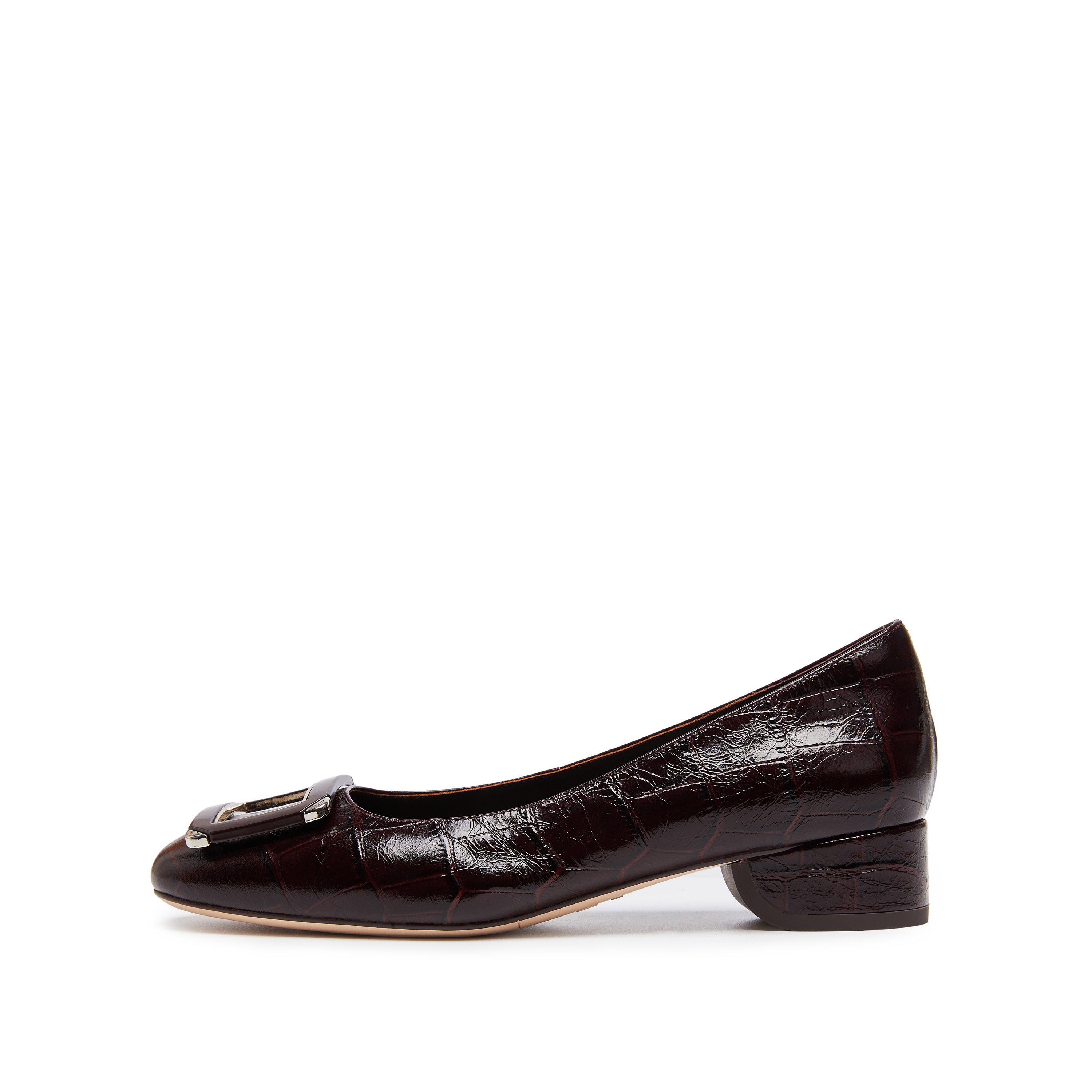 Burgundy Square Buckle Embossed Pumps