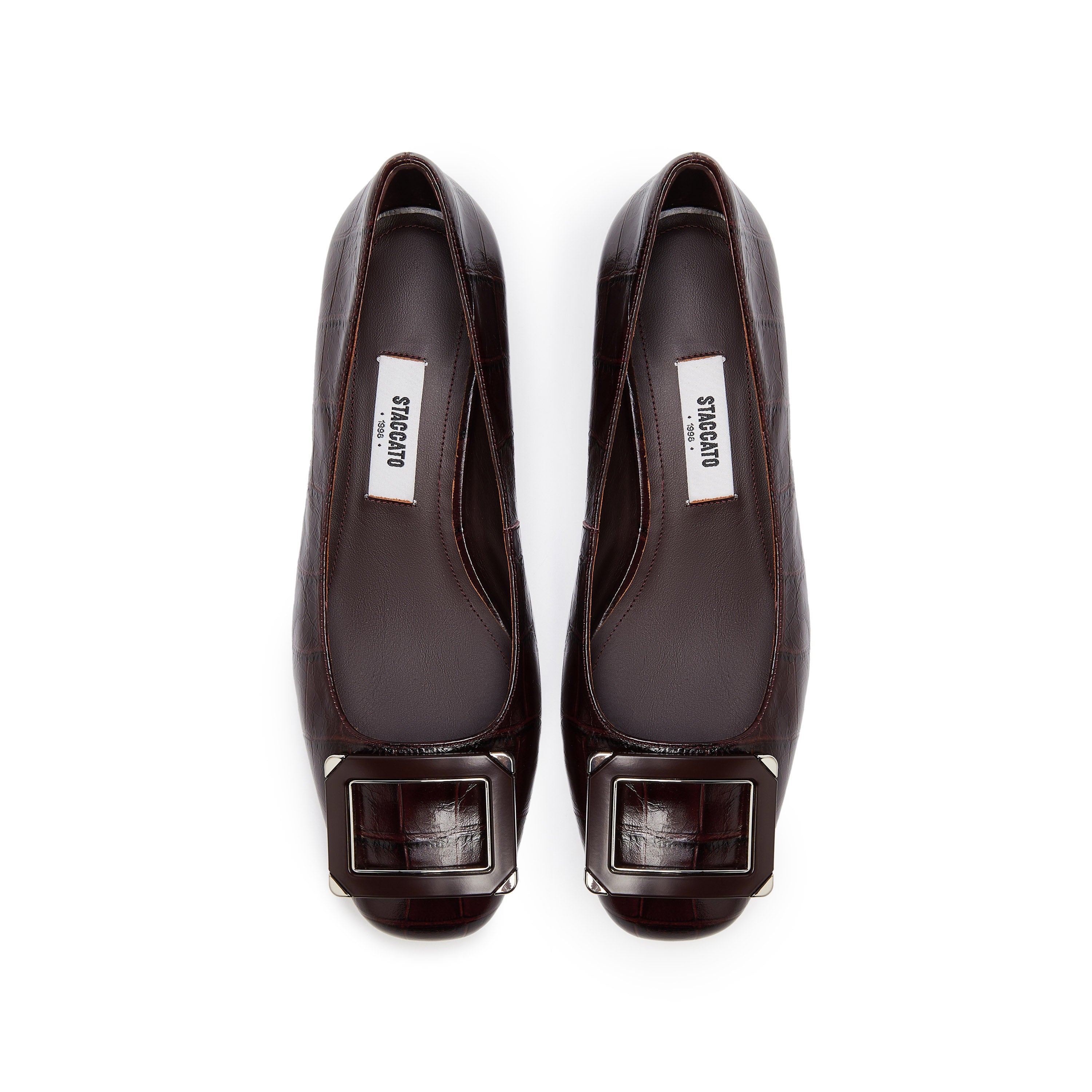 Burgundy Square Buckle Embossed Pumps