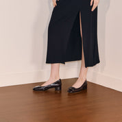 Burgundy Square Buckle Embossed Pumps