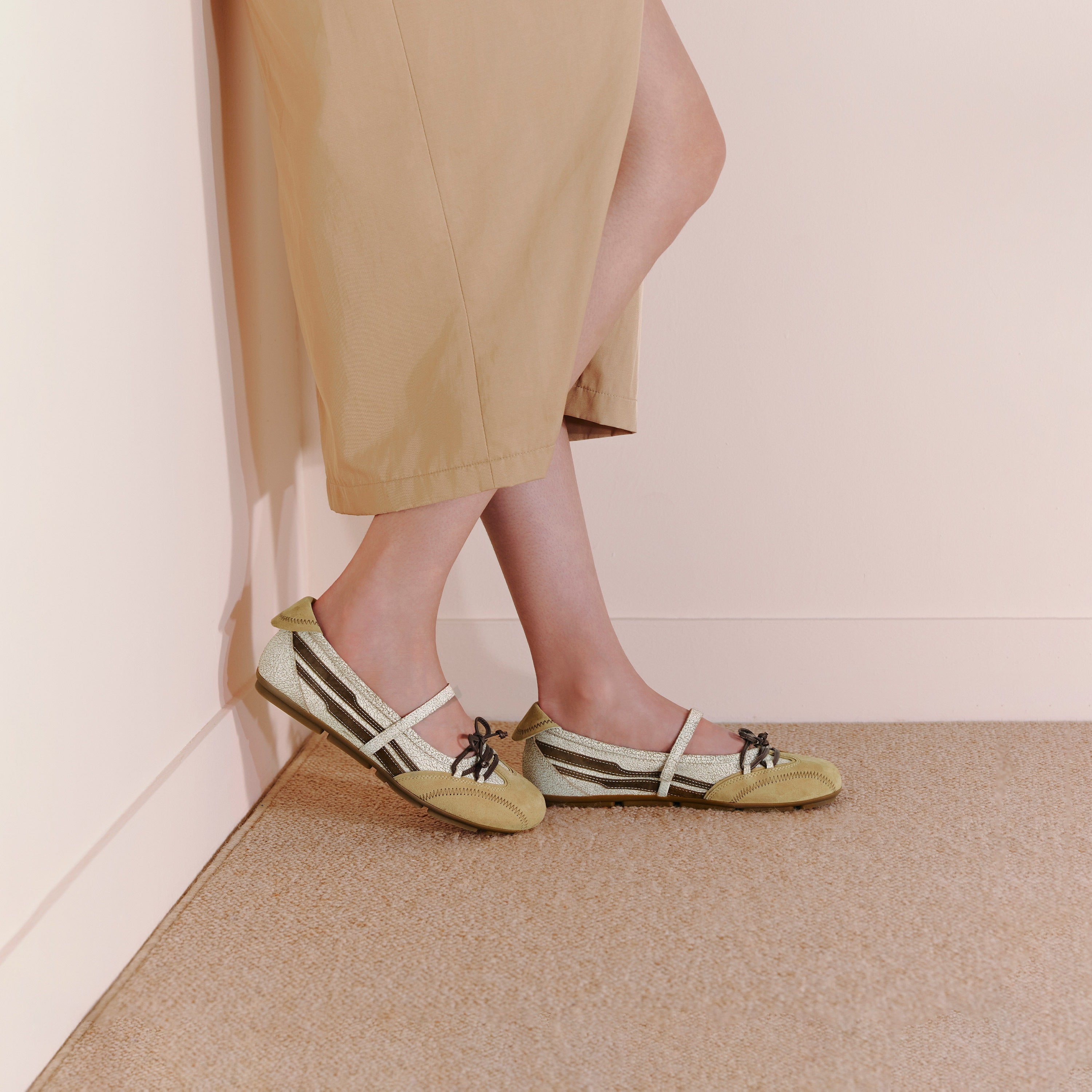Beige Cracked Leather Mary Jane Sneakers