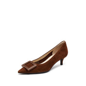Brown Brogue Buckle Pointed Heeled Pumps