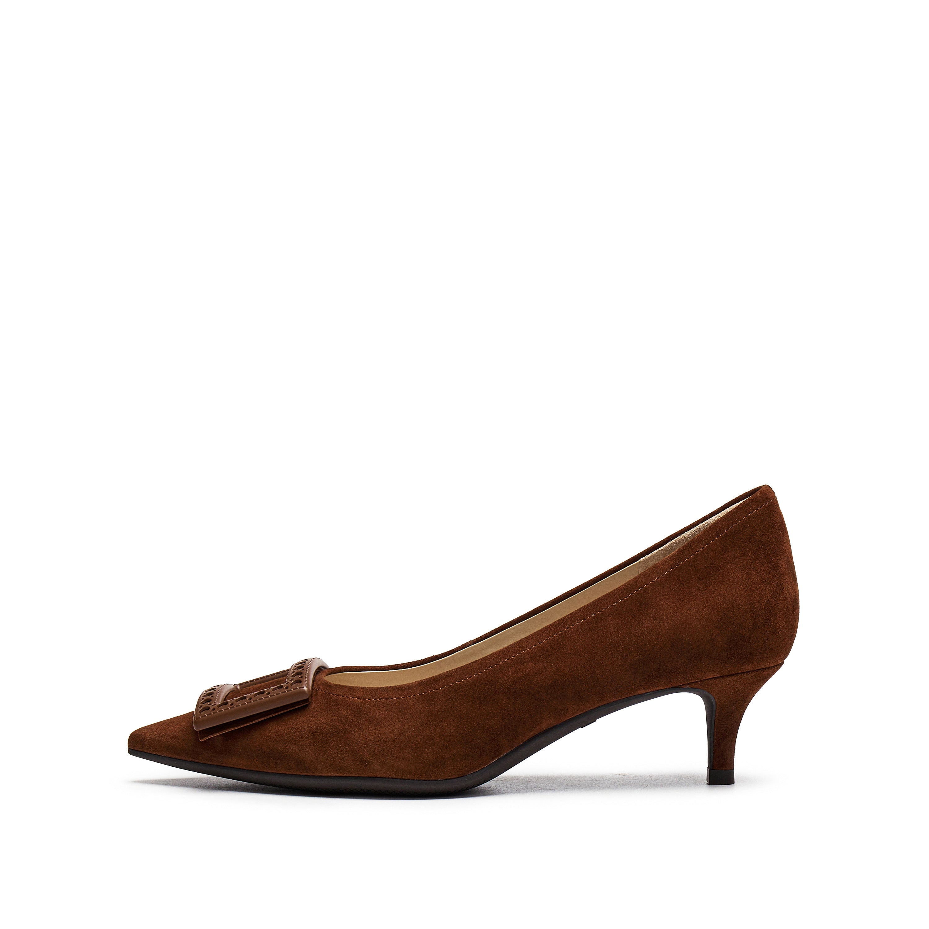 Brown Brogue Buckle Pointed Heeled Pumps