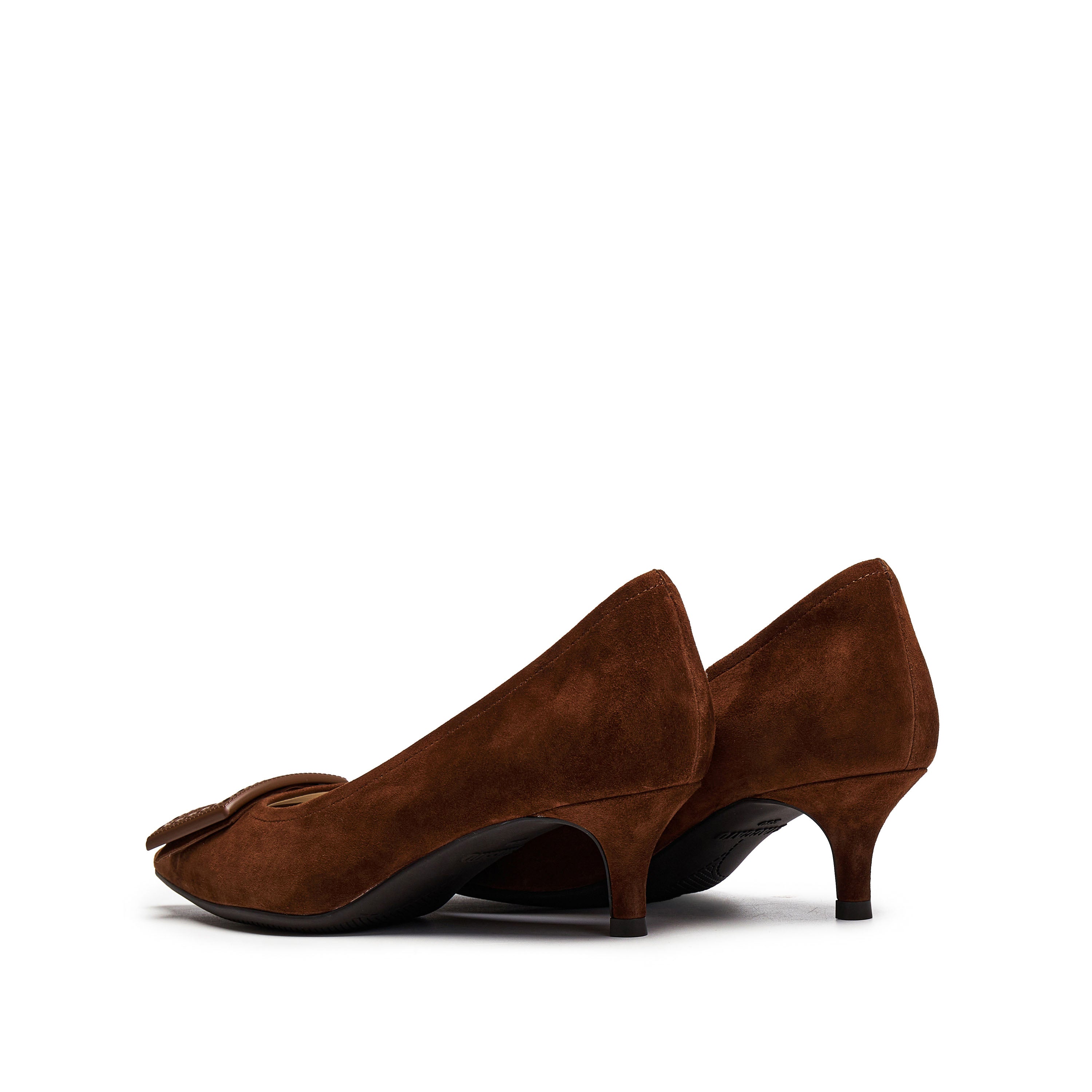 Brown Brogue Buckle Pointed Heeled Pumps