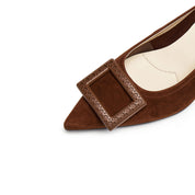 Brown Brogue Buckle Pointed Heeled Pumps