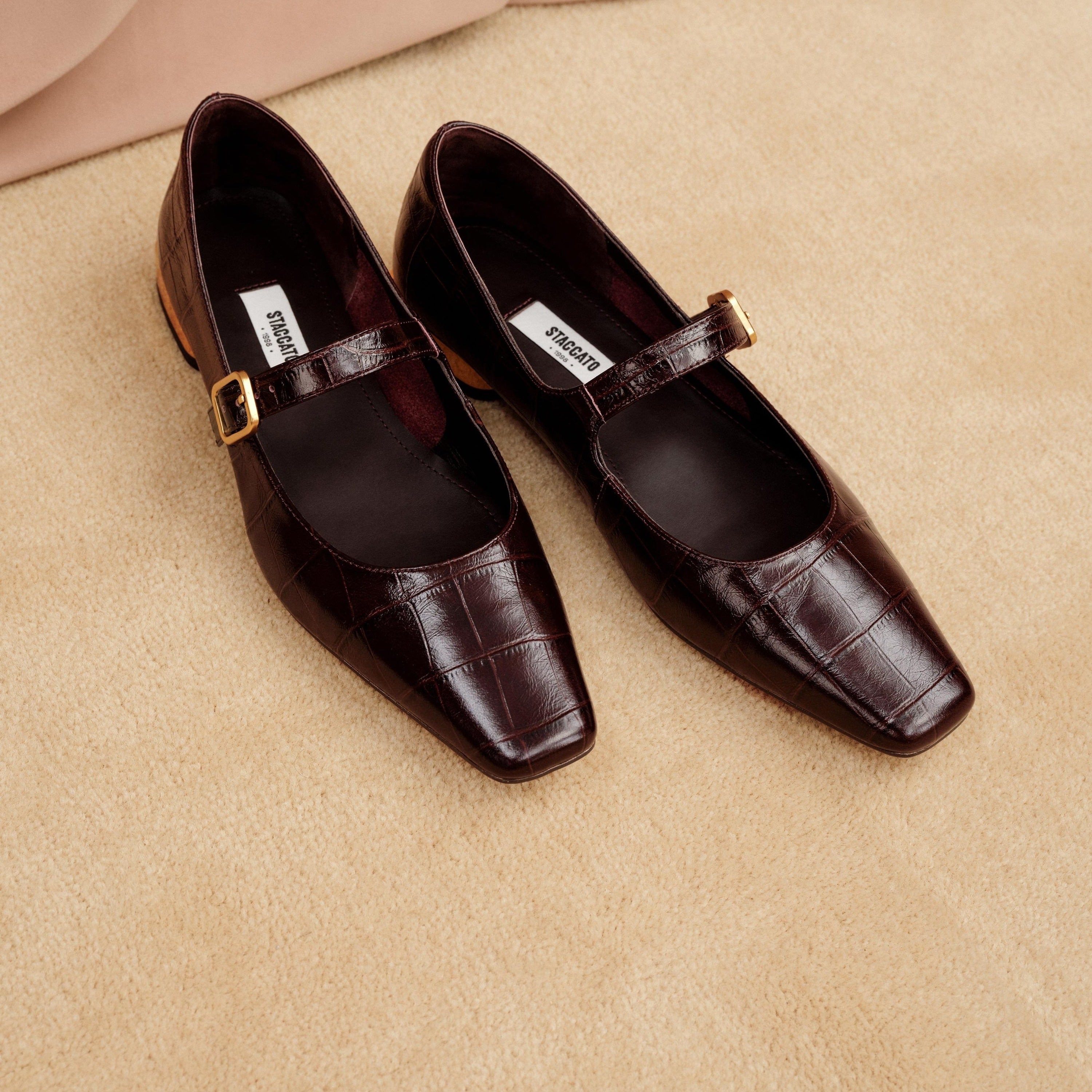 Burgundy Embossed Leather Mary Jane Flats