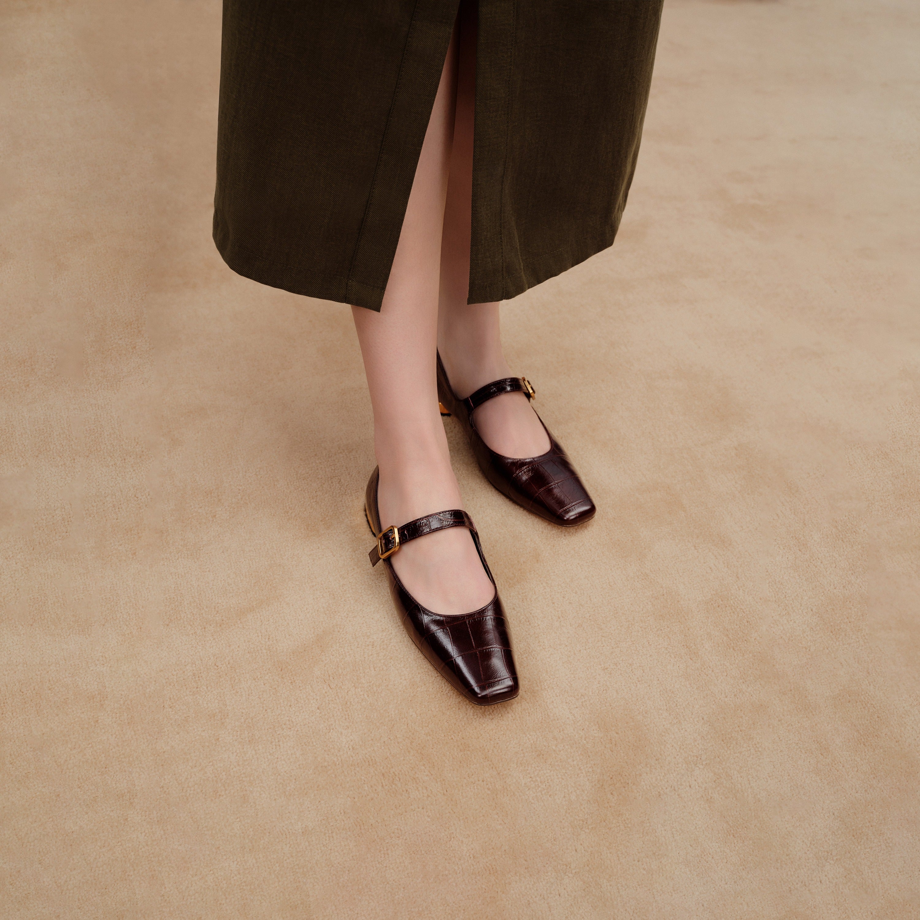 Burgundy Embossed Leather Mary Jane Flats